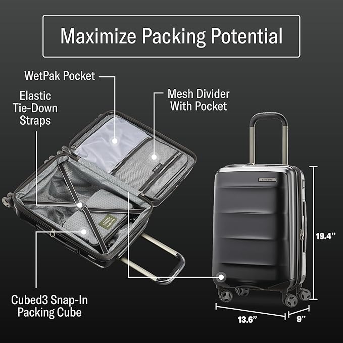 Samsonite Octiv Lightweight Hardshell 20-Inch Carry-On Luggage -Durable & Impact Resistant, 360° Aero Trac Spinner Wheels, Adjustable Telescopic Handle, Expandable Suitcase, TSA Approved Lock - Black