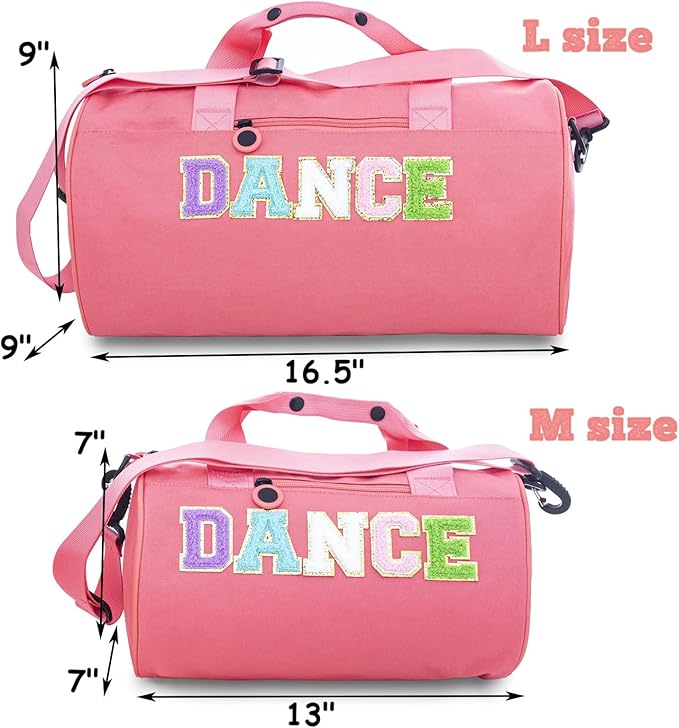 Large Size Dance Ballet Bag for Girls Toddler Teens,Dancing/Gymnastic/Cheer Kids Bag with Chenille Letters,Lightweight Spacious Toddler Duffle Sport Gym Overnight,16.5"Lx9"Wx9"H（Pink)