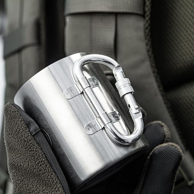 M-Tac 8.5oz Camping Mug with Collapsible Carabiner Handle - Stainless Steel Travel Cup for Hiking Coffee Tea