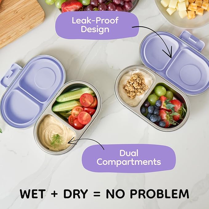 Good Bare Stainless Steel Snack Container for Kids – 2 Compartment Metal Bento Box, Leakproof, Non-Toxic, Easy-Open Latch, Dishwasher Safe, Small Snack Pack, Perfect for On-the-Go (Lavender Mist)