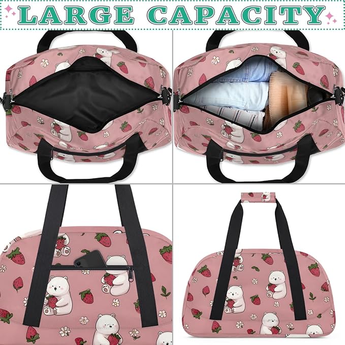 Strawberry Bear Gym Travel Duffle Bag for Women & Men with Front Zipper Pocket for Sports, Overnight, Weekender, Carry On,Workout & Dance Bag,Cute Strawberry Bear,18.9 * 8.7 * 10.6 in