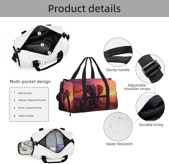 Sports Gym Bag African Elephant Sunset Travel Duffel Bag With Shoe Compartment Shoulder Strap, Lightweight Water-Resistant Weekend Overnight Totes For Women Men