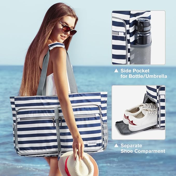 G4Free Large Beach Bag, Foldable Tote with Zipper, Waterproof Sandproof Pool Bag