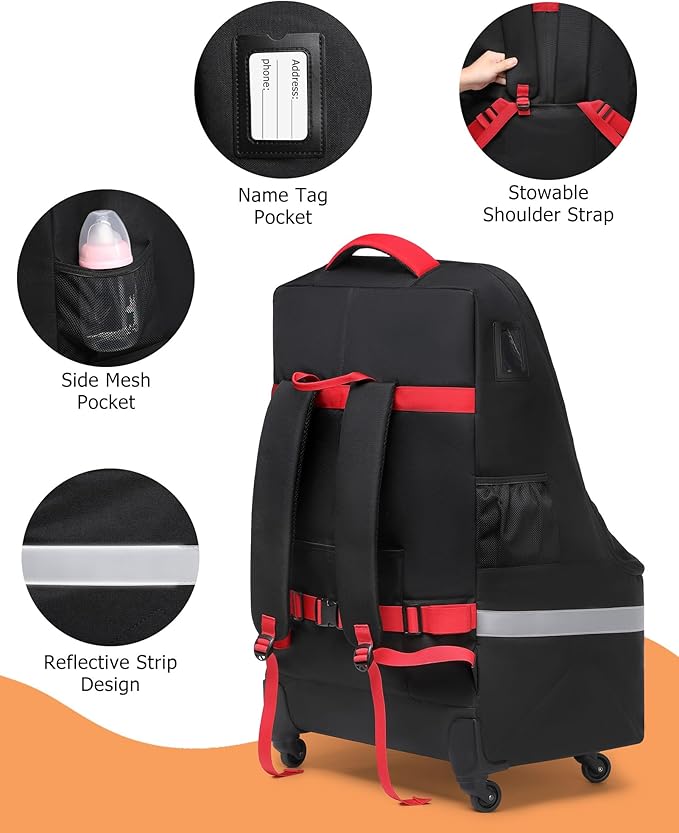 MCBD Car Seat Travel Bag for Airplane with Wheels, Padded Baby Carseat Backpack for Airport Gate Check Carrier Fits Booster Seat & Luggage Toddler Carseat Cover with Reflective Strips, Black