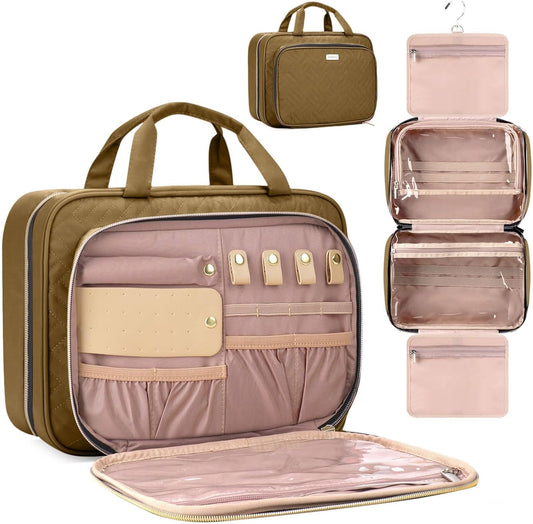 Toiletry Bag for Women with Jewelry Organizer Compartment, Travel Makeup Cosmetic Bag with Hanging Hook for Full-sized Toiletries, Shampoo - Brown