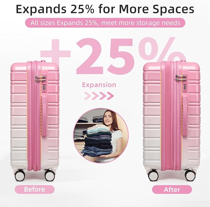 LARVENDER Luggage Sets 5 Piece Hardside Expandable Suitcase with Wheels Lock,PC+ABS Hardside Lightweight Rolling Suitcase for Women and Men,Peach Sparkling