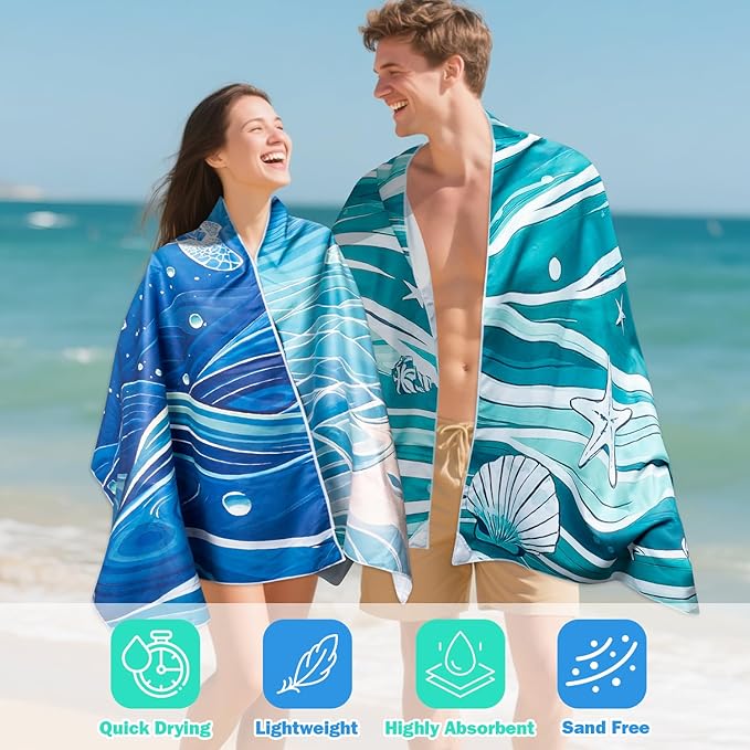 2 Pack Magnetic Beach Towel- 75"x30" Sea Turtle Wave Sand Free Quick Dry Microfiber Towel with Built-in Magnets Lightweight for Beach Chair Car Door Pool Travel Camping Yoga with Storage Bag