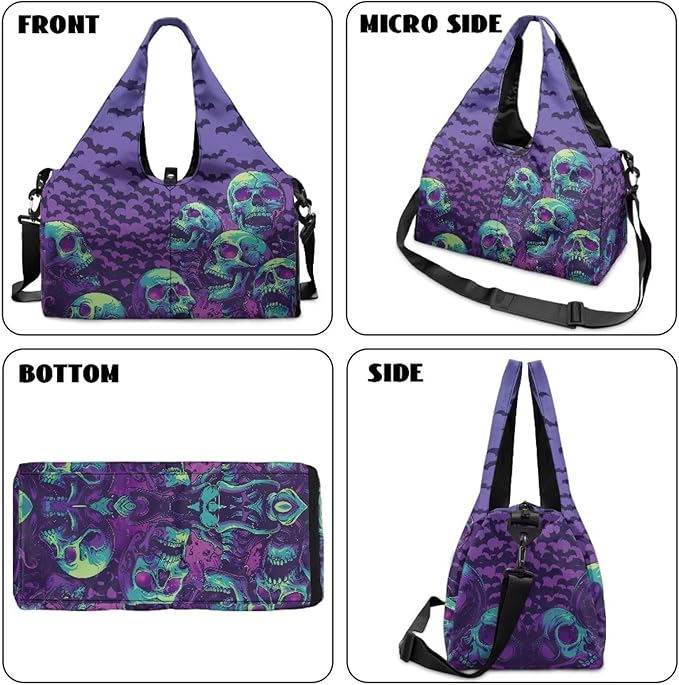 Halloween Skull Bats Lightweight Gym Bag with Shoe Compartment for Women Sports Gym Tote Bag Beach Swim Weekender Travel Duffel Bags Spooky Halloween Costumes