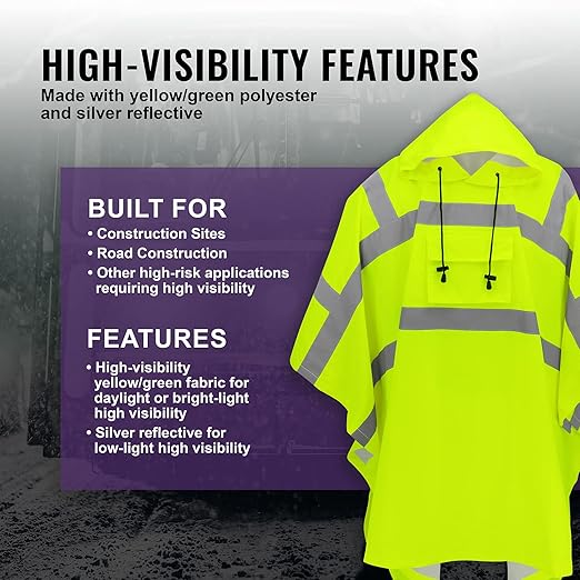GGS Rain Poncho - High Visibility, Reflective, Wind and Waterproof with Drawstring Hood, Rain Gear for Construction, Camping, Fishing, Hiking, One Size