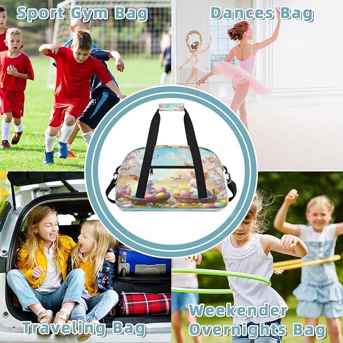 Kids Duffle Bag Girls Boys Spring Floral Easter Bunny Eggs Butterdly Weekender Overnight Bag,Lightweight Duffel Bags for Traveling Gym Sport Dance