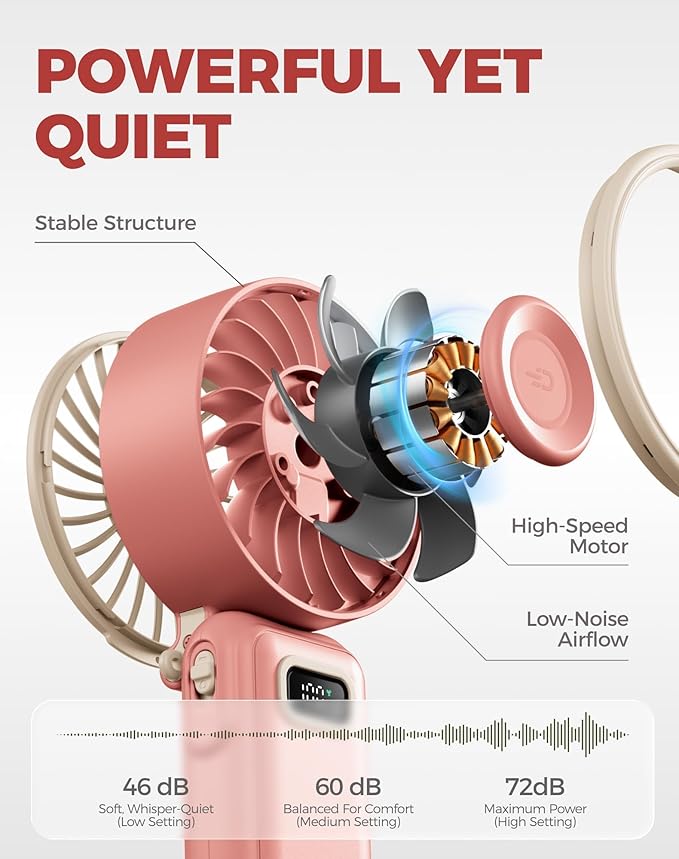 Diveblues Portable Turbo Fan, 7.4m/s High Speed Handheld Fan, 180° Foldable 4-in-1 Personal Neck Fan with Carabiner Clip, 100 Speed Stepless Control, USB-C Rechargeable for Travel, Makeup Hot Flashes