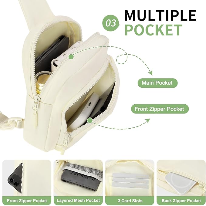 Mini Sling Bag for Men Women, Small Travel Fanny Packs Crossbody Anti Theft Reversible Nylon Chest Bag for Running Hiking (Beige)