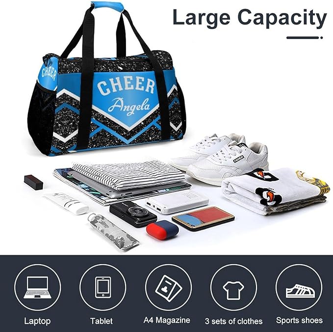 Custom Blue Black White Cheer Cheerleaders Duffel Bag with Name Adjustable Shoulder Strap Casual Bag for Teens Adults Handheld Crossbody Travel Bag