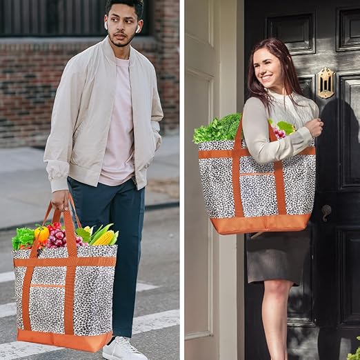 CIVJET 2Pk Insulated Reusable Tote Bag for Grocery Shopping for Women/Men, Pizza/Food Delivery Bag to Keep Food Cold/Hot for Professional Catering, Cooler Bags for Travel/Beach/Picnic, Cow Print