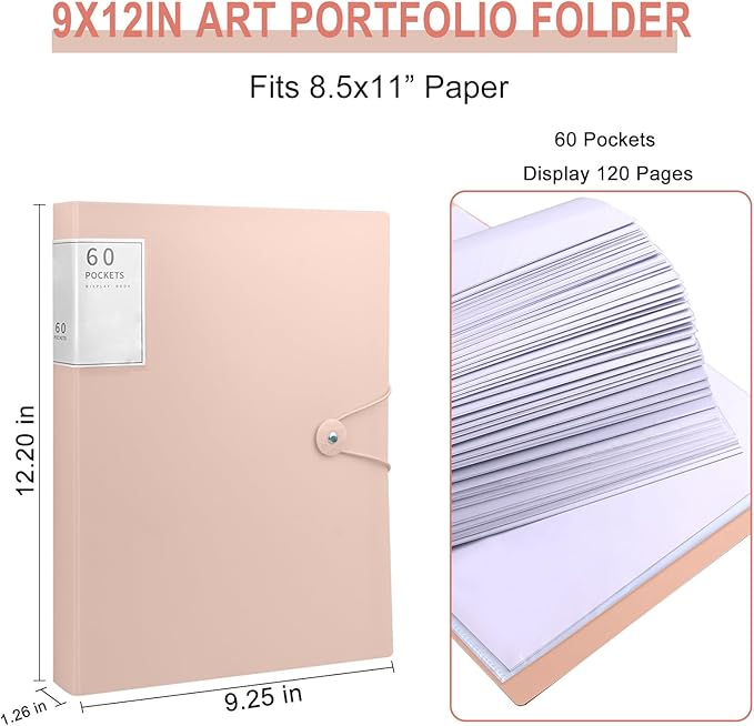 Art Portfolio Binder, 60 Pocket Binder with Plastic Sleeves, Displays 120 Pages of Documents, 8.5 X 11 (Pink) Display Book with Plastic Sleeves, for Artwork, Document Organizer Binder