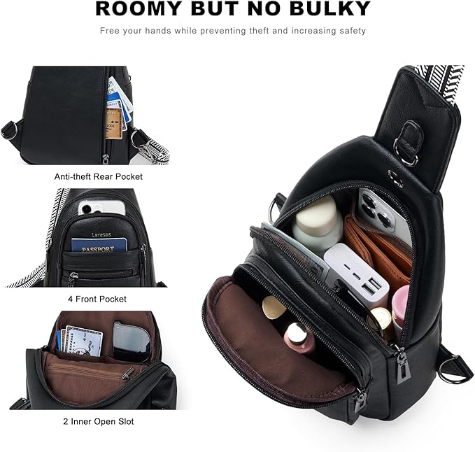 7L Sling Bag for Women Vegan Leather Crossbody Purse Chest Bags Fashionable Trendy Fanny Pack with Travel, Black