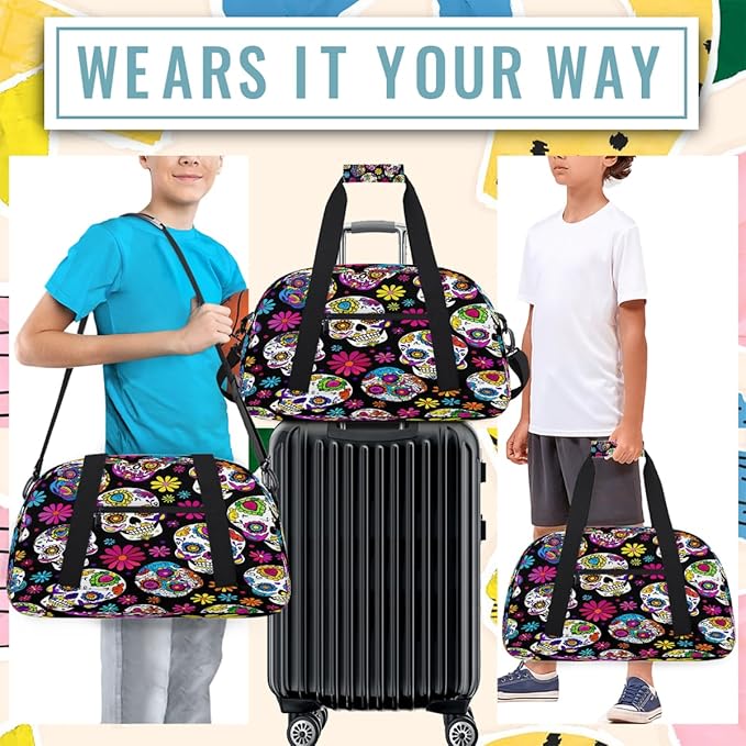 Gym Bag for Women Men, Floral Sugar Skulls Travel Duffle Bags for Dance Ballet Overnight, Carry-On Weekender Bag with Detachable Shoulder Strap