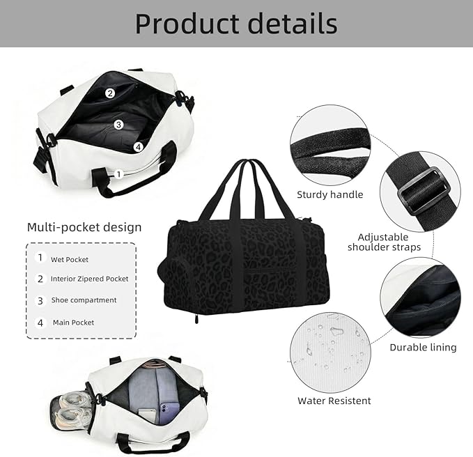 Black Gray Leopard Print Sports Gym Bag For Men Women Travel Duffel Bag With Shoe Compartment Water Resistant Gym Bag Carry On Duffel Bag For Yoga Gym Sports Weekend Traveling