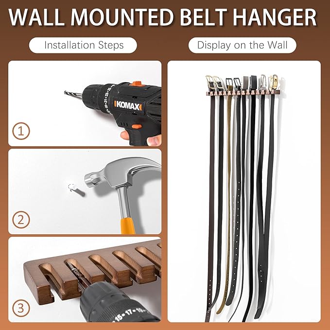 Wooden Belt Rack for Closet Wall Mount, Sturdy Belt Hanger Organizer Holds 14 Belts, Space Saving Belt Holder for Closet Door Wall, Walnut