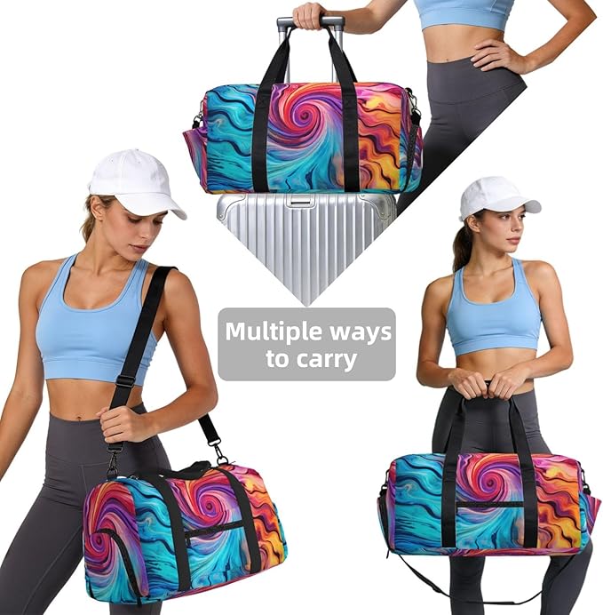 Sports Gym Bag Colorful Tie Dye Swirl Pattern Art Pinting Travel Duffel Bag With Shoe Compartment Shoulder Strap, Lightweight Water-Resistant Weekend Overnight Totes For Women Men