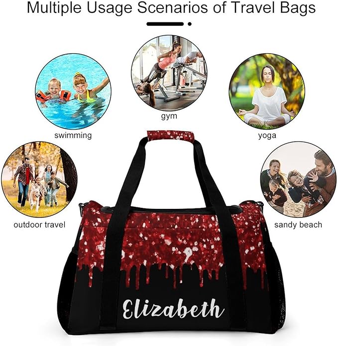 Red Sequin Maroon Black Glitter Print Handheld Crossbody Travel Bag Customized Duffel Bags with Adjustable Shoulder Strap for Shoes Travel Bag Personalized Gift