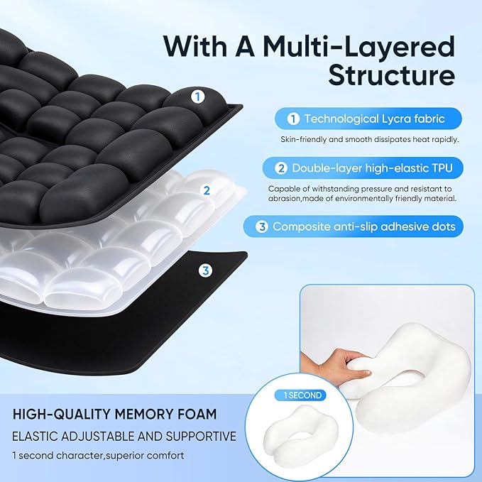Travel mat - Inflatable Bubble Design, Used for car/Office/Airplane seat Cushion, Equipped with Storage Bags. Ergonomically Designed 3D Inflatable airbag, Including Neck Pillow kit (U-Shaped)