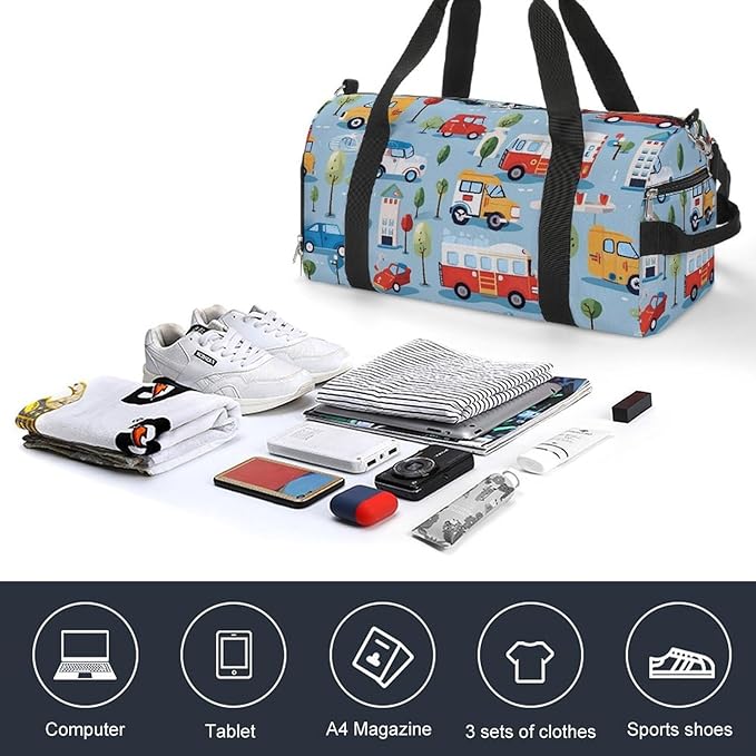 Rescue Vehicles Cartoon Sport Gym Bag for Men Women Cute Travel Duffel Bag with Wet Pocket Shoes Compartment Carry on Pack for Workout Overnight Weekend Trip