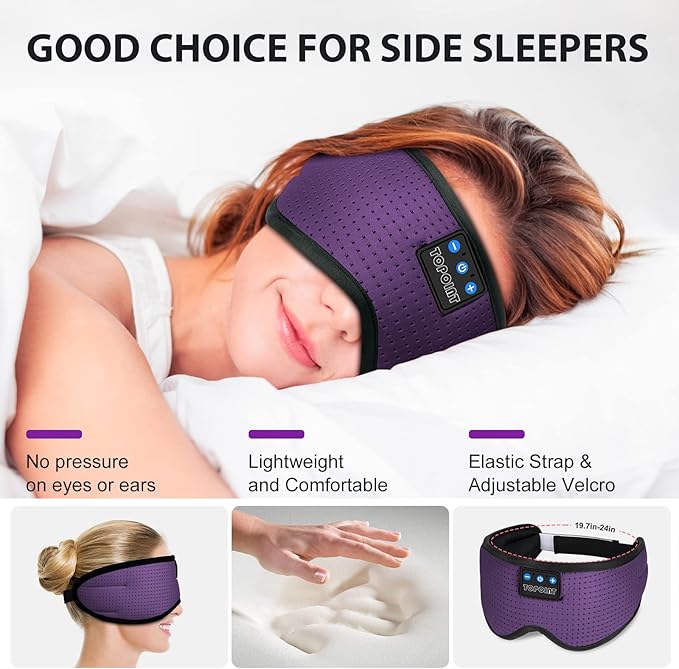 TOPOINT Sleep Mask with Bluetooth Headphones, Breathable Silk Eye Mask for Sleeping Men Women, Bluetooth Sleep Mask Blackout with Speakers, Microphone Handsfree, USB C for Travel Meditation Gifts