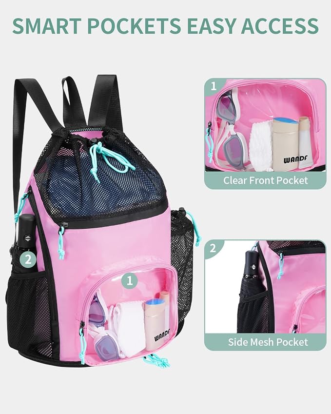 WANDF Swim Bag with Wet Pockets, Sandproof Beach Backpack with 40oz Tumbler Side Pockets, Mesh Drawstring Backpack Swim Bag for Swimming, Pool, Gym and Workout Gear (Pink)