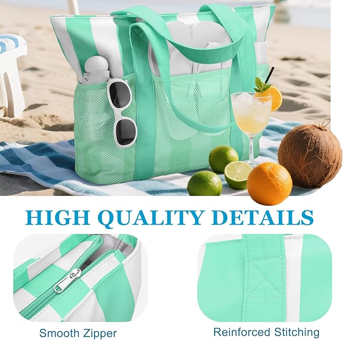 VASCHY Beach Bag for Women, Foldable Waterproof Sandproof Beach Tote with Zipper/Mesh Pockets for Vocation/Cruise/Gym/Travel