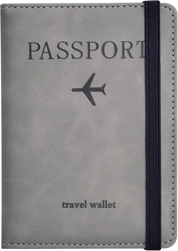 Passport Holder, Passport Cover with Credit Card Slot and Boarding Pass Slot Combo, Passport Wallet Case Book Travel Must Have, RFID Blocking Leather Travel Accessories, Grey