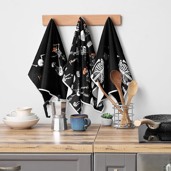Bencailor 6 Pcs Skull Kitchen Towels Skeleton Dish Hand Towels Funny Skull Dance Tea Washcloth for Bathroom Kitchen Gothic Horror Decor Gifts 24 x 16''