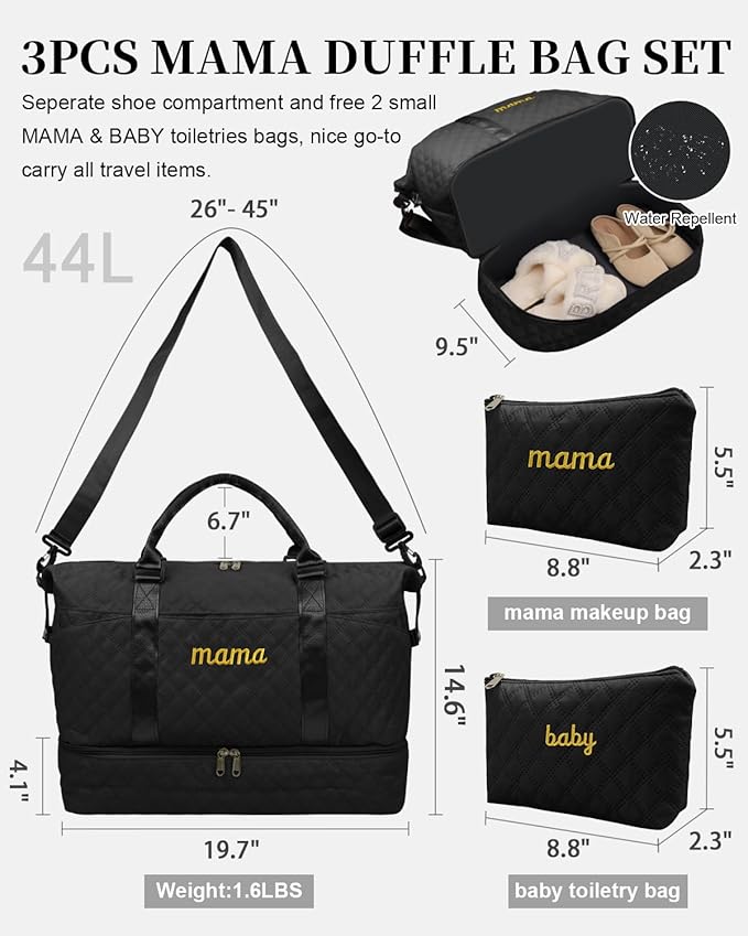 Mama Baby Pregnancy Hospital Bag Essentials for Women Labor Delivery Diaper Organizer with Shoe Compartment,2 Waterproof Toiletry Pouch Travel Duffle Bag for Mommy Weekender Overnight Gym Gifts,Black