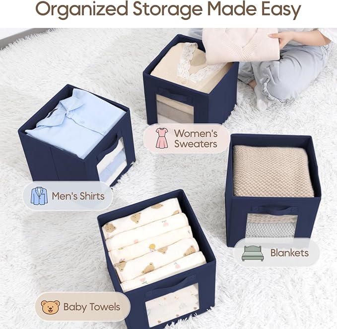 Storage Cube 11 Inch - Cube Storage Bins with Window, Closet Storage Baskets with Handle, Fabric Bins for Closet, Shelves, Toys, Clothes, Set of 16, Navy Blue