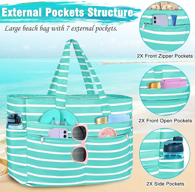 HUANLANG Extra Large Beach Bag Waterproof Beach Totes Bags for Women Men,Pool Bag with Zipper Wet Pocket
