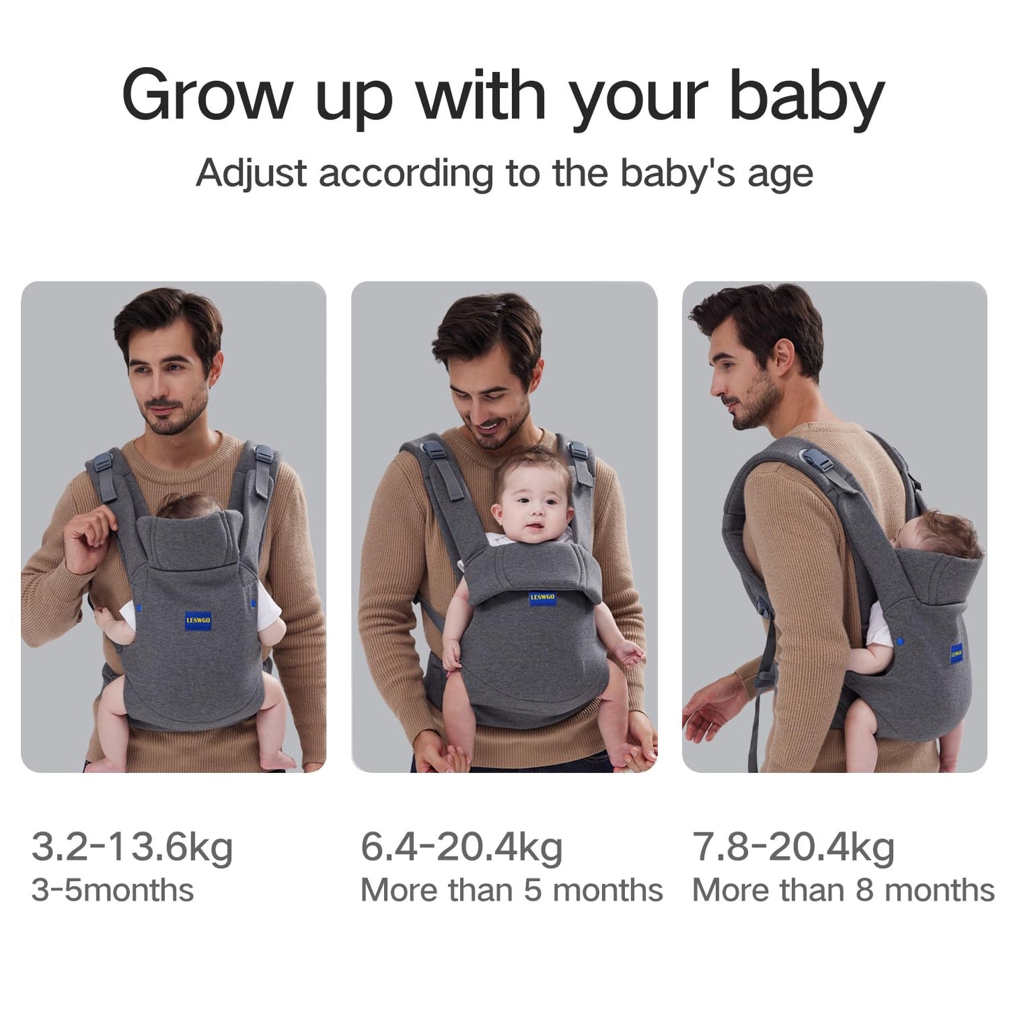 Baby Carrier Newborn to Toddler,Newborn Carrier(7-25lbs) with Head Support, Cozy Baby Wrap Carrier, with Hook&Loop for Easily Adjustable, Soft Fabric (Breathable Black) (All-Gray)