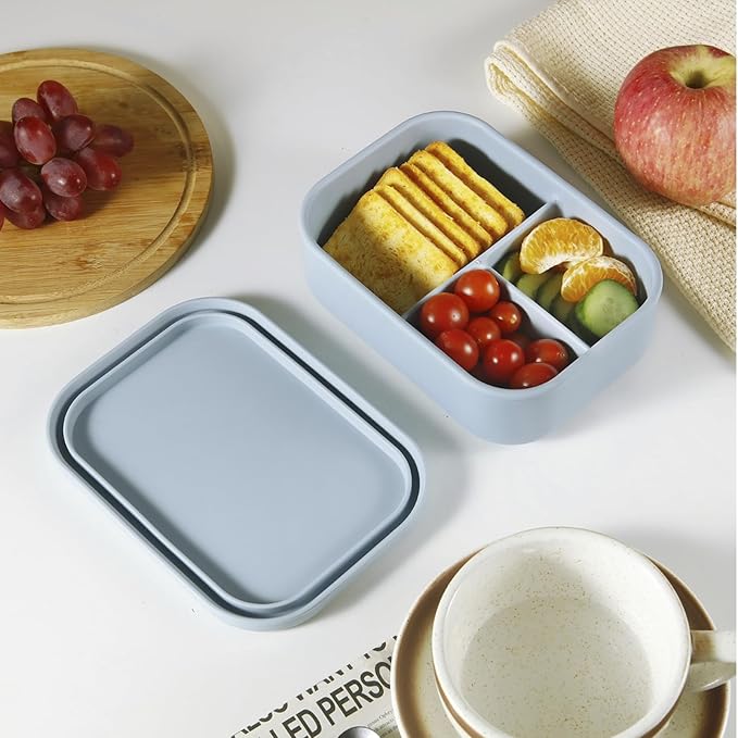 PandaEar 2 Pack Silicone Bento Lunch Box for Toddlers Kids, 3-Compartment Lunch Containers, Leak-Proof & BPA-Free, Microwave & Dishwasher Safe (Blue & Beige)