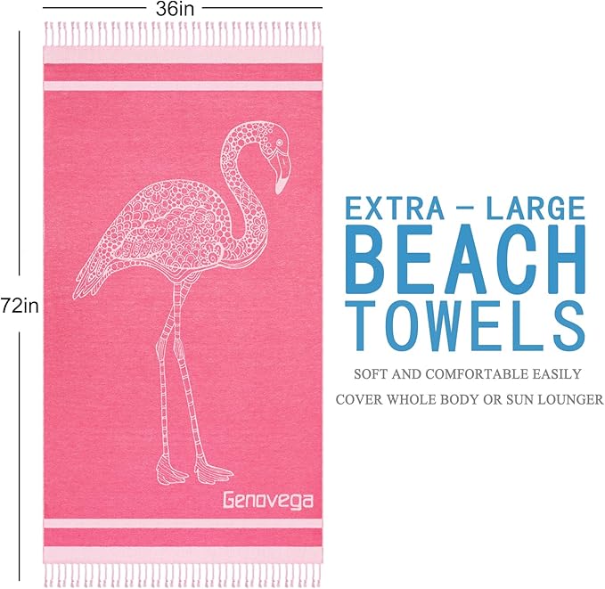 Genovega Oversized Cotton Turkish Beach Towels 72"x36" Lightweight Quick Dry Sandless Pool Swim Towel Large No Sand Adult Travel Compact Blanket Essentials Cruise Accessories Must Haves Pink Flamingo