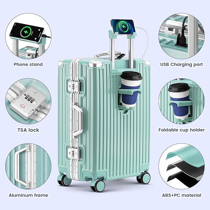 20 Inch Carry On Suitcase, Aluminum Frame Zipperless Hard Shell Luggage with Spinner Wheels, TSA Lock, USB Charging Port, Phone Holder, Cup Holder for Business Travel and Trips, Mint Green