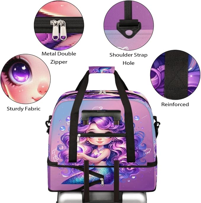 Purple Mermaid Girls Large Weekender Bag with Shoe Compartment Travel Duffel Bags for Women Carry On Hospital Overnight Bag Foldable Personal Item Travel Bags Tote Gym Sports Airplanes
