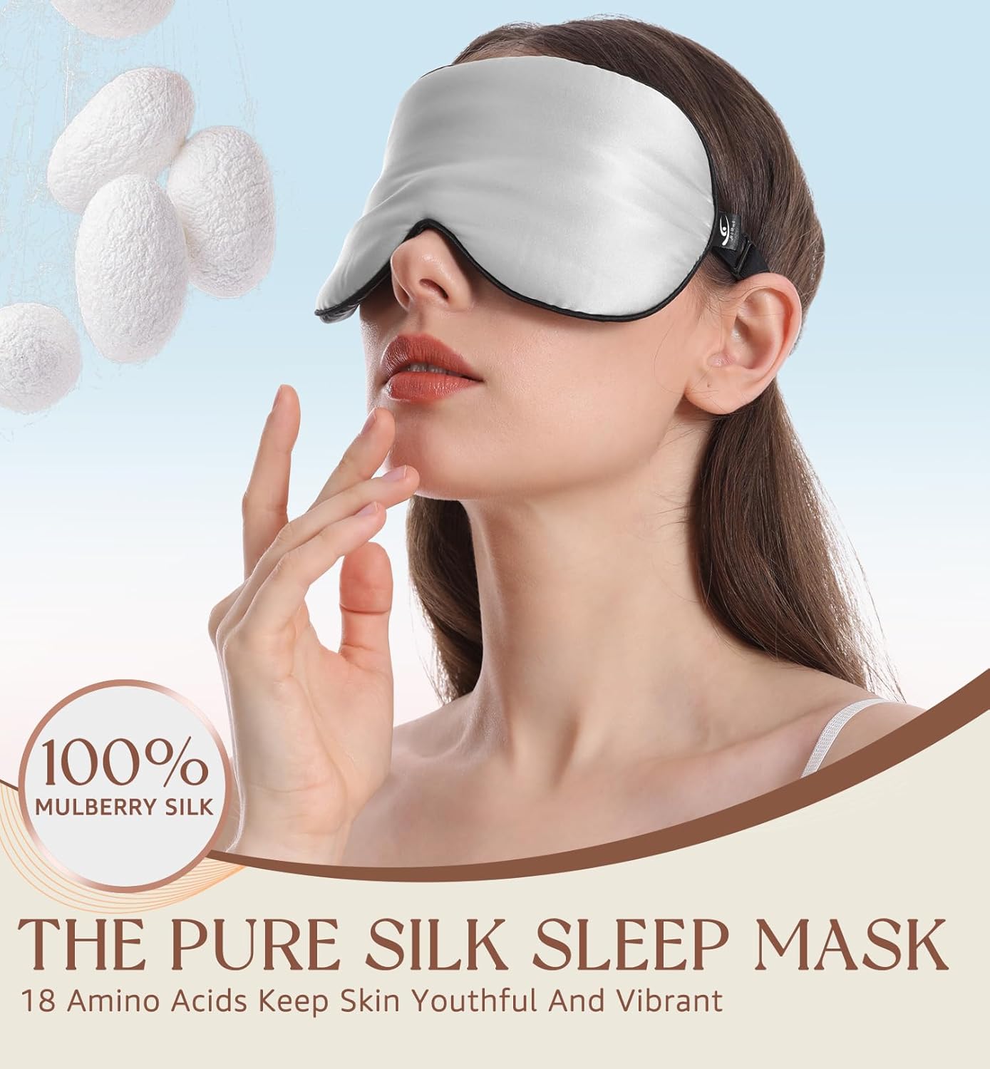 HiRui Silk Sleep Mask, 100% Natural Mulberry Silk of Double-Sided & Inner-Filling, Ultra-Smooth Soft, Adjustable Strap, Blocks Light for Night Sleeping, Travel, Office Naps (Gray)