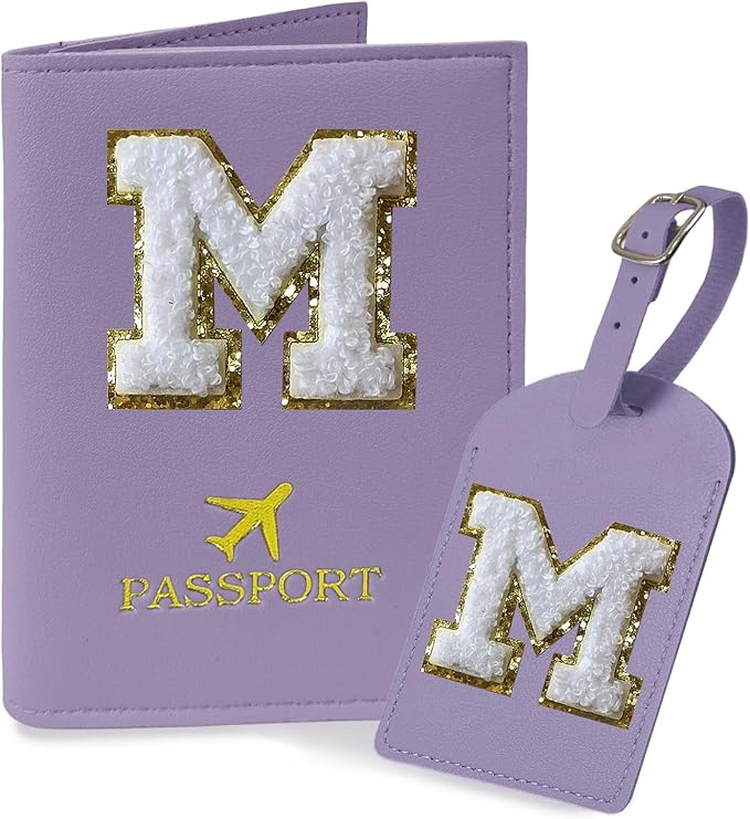 COSHAYSOO Purple Initial Passport Cover Holder and Luggage Tag Set TSA Approved with Alphabet Chenille Letter Patch for Women Teenager Girls, PU Leather Traveling Bag Suitcase Identifier (M)