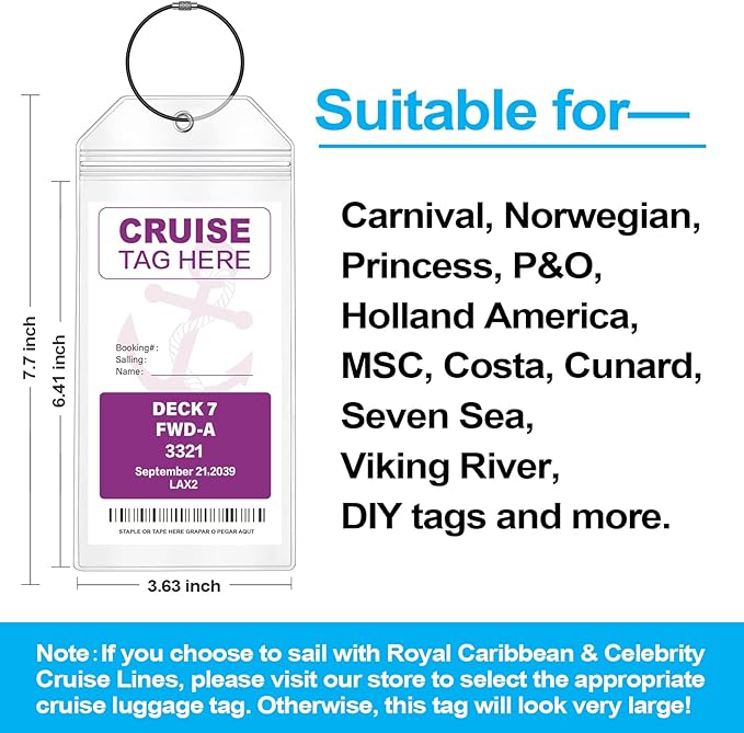Cruise Luggage Tags for Carnival, MSC, Costa, NCL & Princess Cruise Ships, 6Pack Clear Tags Zip Seal Reusable Cruise Travel Essentials for 2026-2027