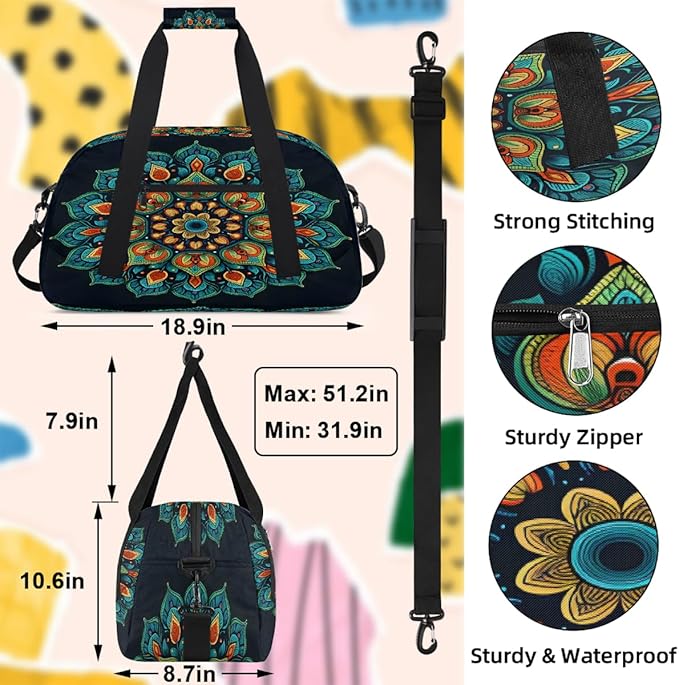 Travel Duffle Bag for travel duffle bag sports Girls Boys Kids Flower Mandala Lightweight Overnight Sleepover Weekender Bags Small Dance Gym Sport Bag Teens Carry-On Size Workout Bag