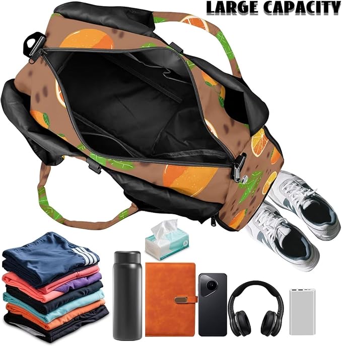 Orange Print Travel Duffel Bags for Women with Yoga Mat Strap, Lightweight Brown Gym Bag with Shoe Compartment Wet Pocket Fitness Stylish Sport Tote Bag