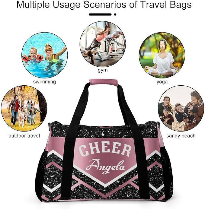 Cheer Pink Black Stripes Sequin Print Waterproof Duffel Bag, Adjustable Shoulder Strap Pack, Perform Training Travel Bag for Teens Adults Women Men