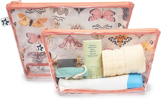 Tiny Twinkle Diaper Bag Organizing Pouches | 2 Pack Mess-Proof Travel Organizer Bags with Structured Bottom & Clear Front | TSA Approved Toiletry Bag Set for Baby and Mom Essentials (Flutter)