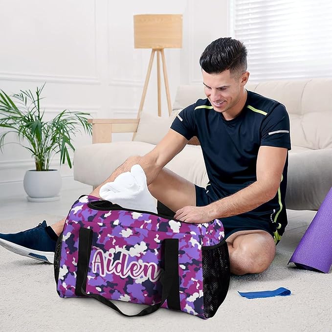 Handheld Crossbody Multifunctional Travel Bags, Personalized Duffle Bags, Camouflage Purple Fuchsia Camo Pattern Luggage Bag, Custom Weekender Overnight Bags