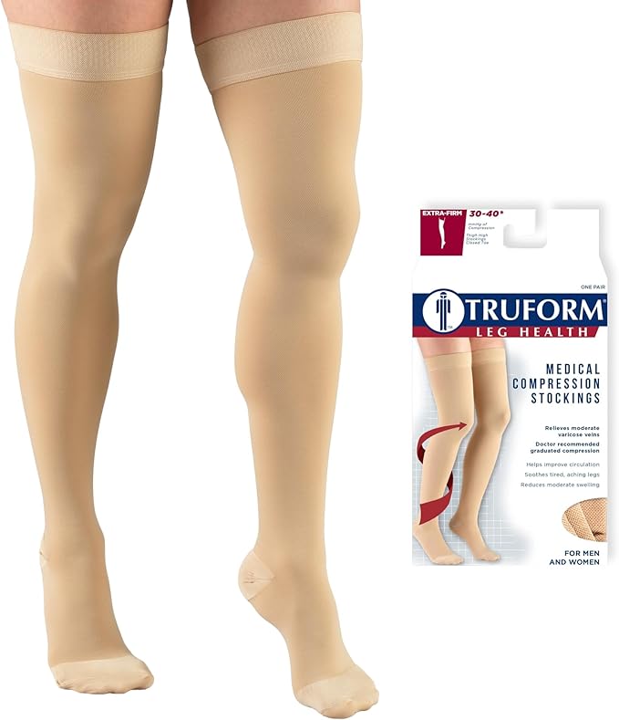 Truform 30-40 mmHg Compression Stockings for Men and Women, Thigh High Length, Dot-Top, Closed Toe, Beige, X-Large