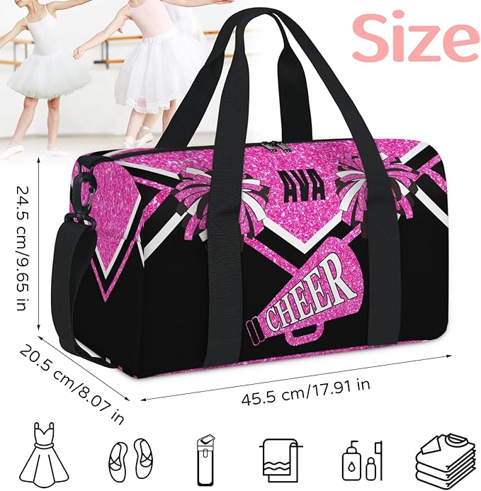Personalized Cheerleading Sports Bag Names, Custom Name Cheer Fitness Duffle Gym Travel Weekender Lightweight Bags, Water Pink Shiny Glitters Black